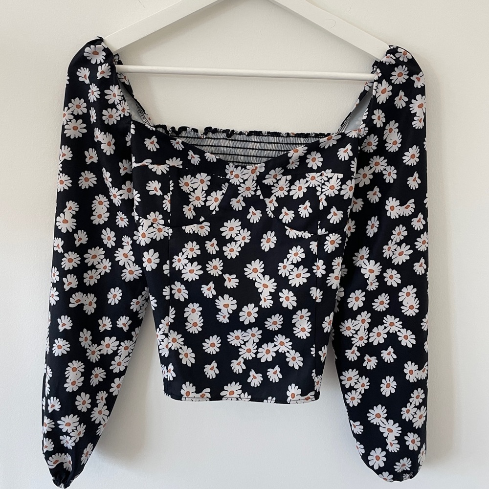 Daisies black blouse top, in the style of reformation, cottagecore
